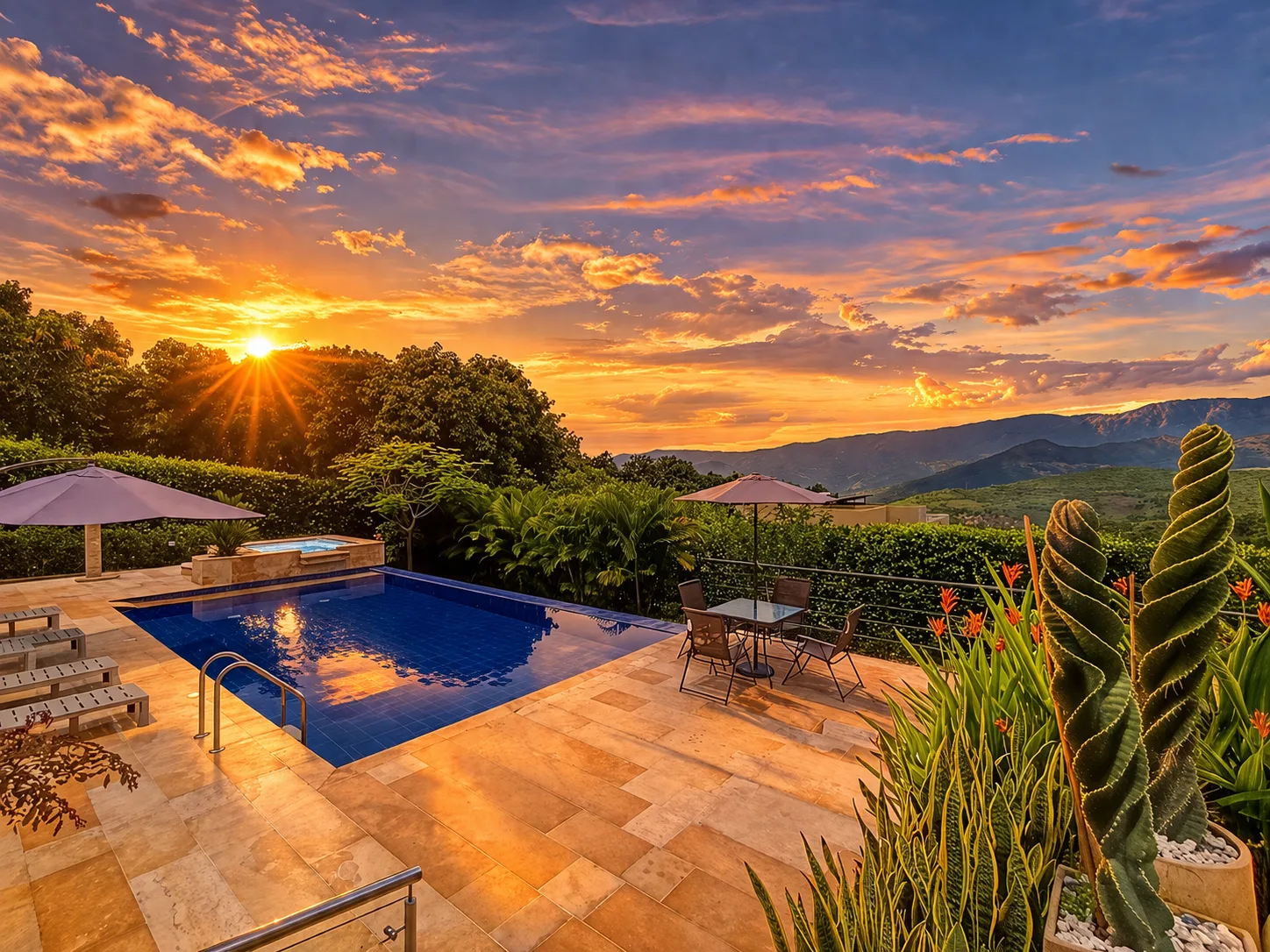 Piscina al atardecer con vista a las montañas
